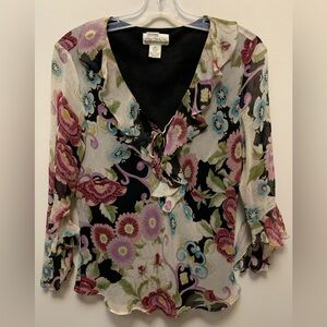 NEW YORK CITY DESIGN CO. Silk Floral Ruffled Neck Top